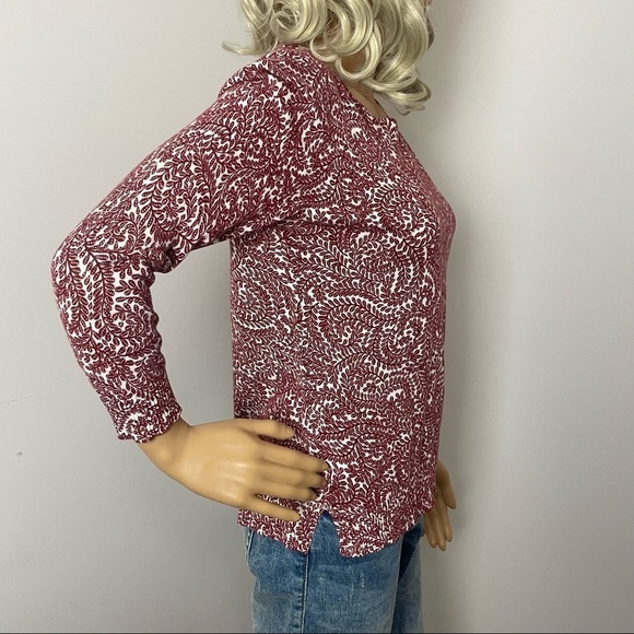 Loft Cotton Sweater Fern Print Crewneck Button Back Burgundy/Cream Size Small - Picture 4 of 12